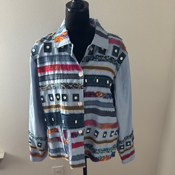 Parsley & Sage blue buttoned down fabric aplique beaded denim trim jacket top L - Picture 1 of 6